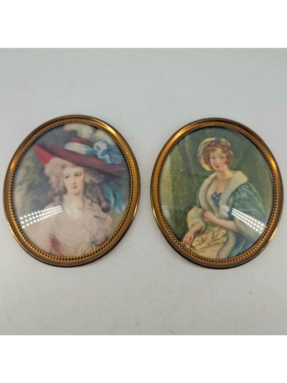 Set of 2 Vintage portrait of ladies in Brass Frame w Convex Glass